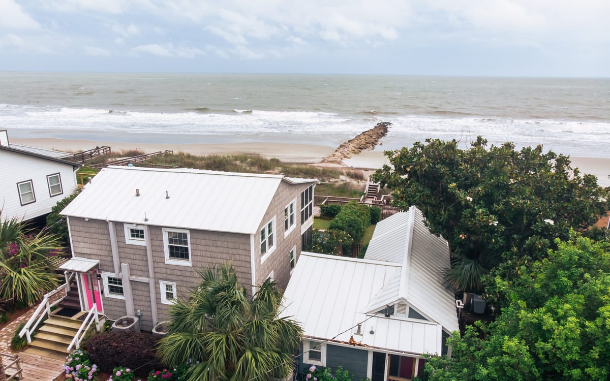 White metal roof on a Folly Beach home steps from the ocean