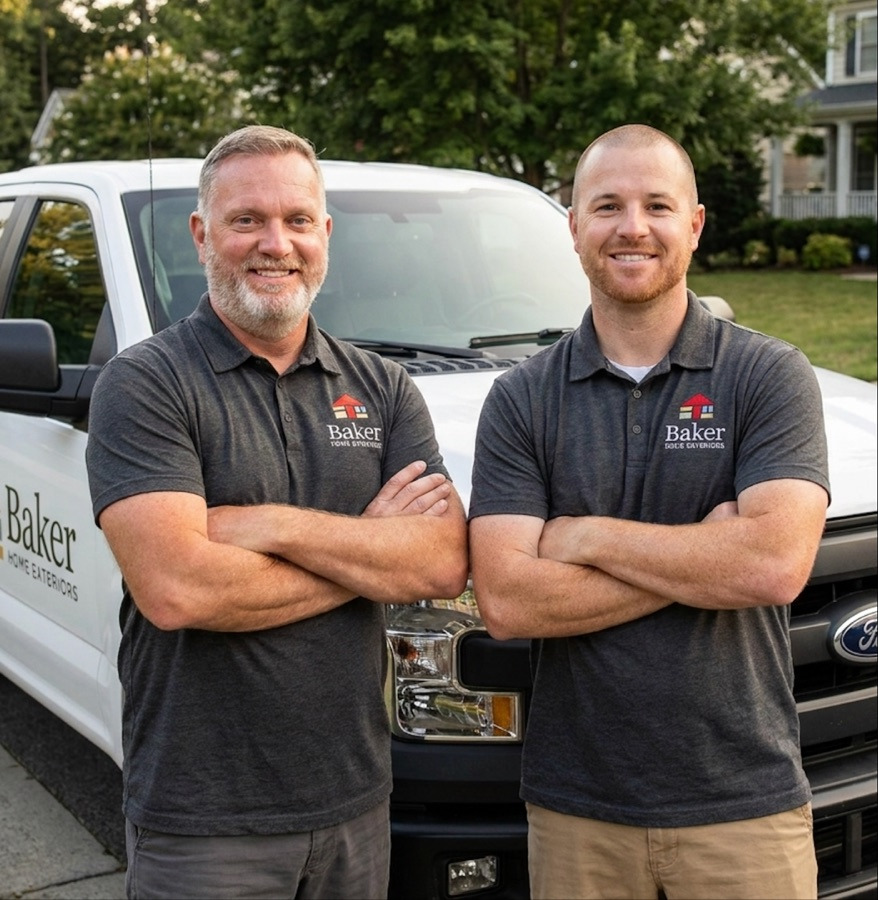The Baker Home Exteriors team in front of a company truck
