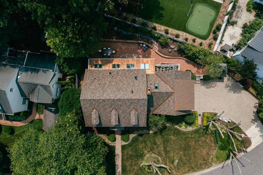 Aerial of roof with windows