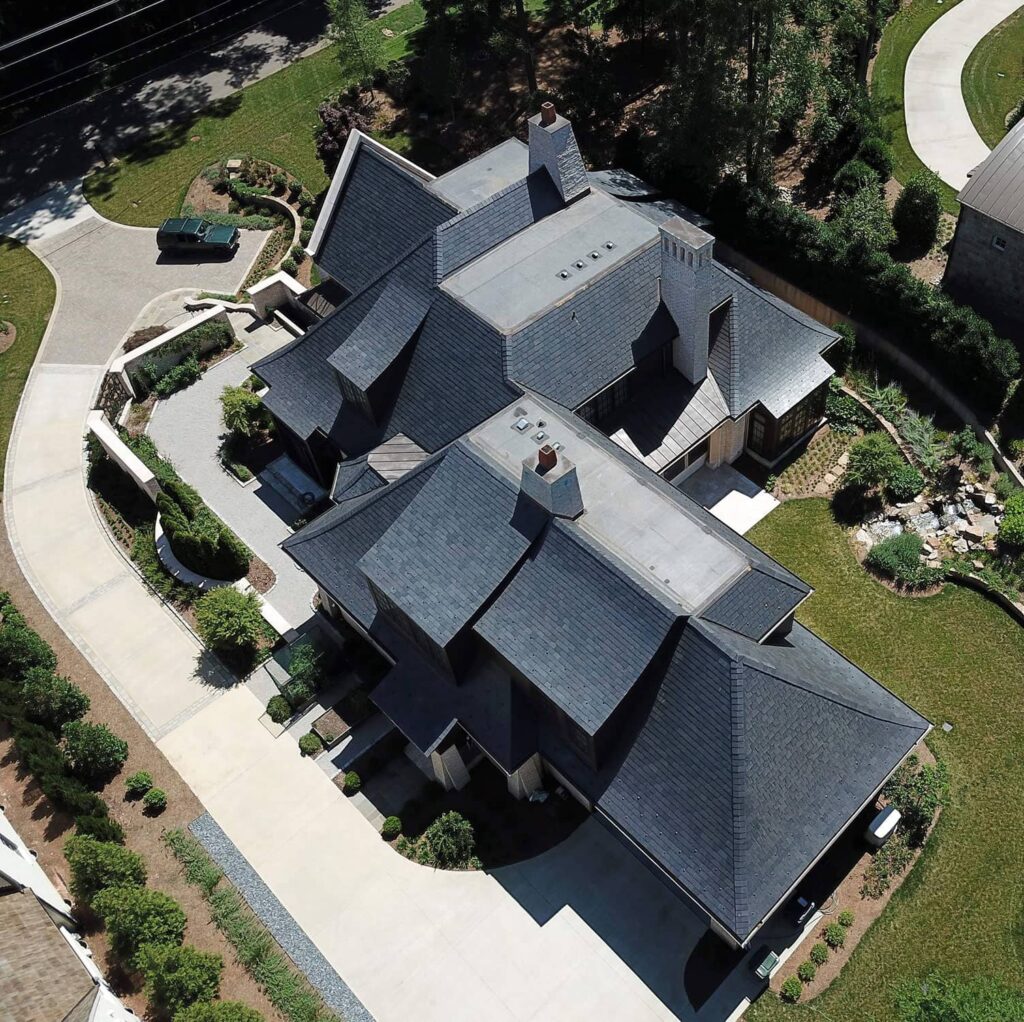black slate tile roof on a home seen from high above