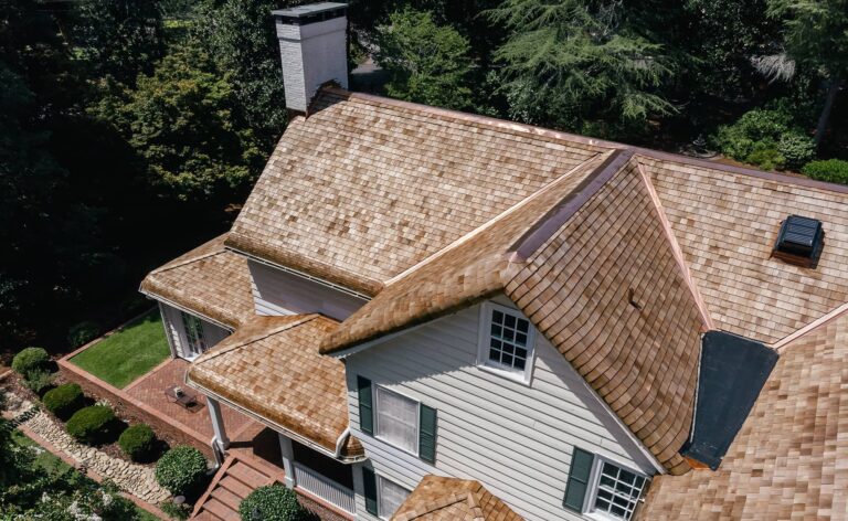 Aerial of cedar roof installation