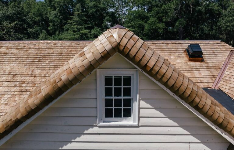 Close up of pitched cedar roof