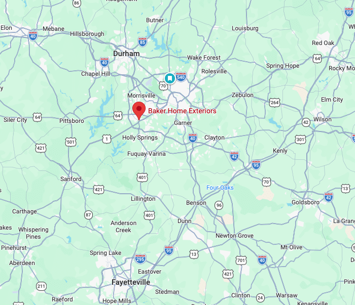Baker Home Exteriors service area map around Raleigh NC