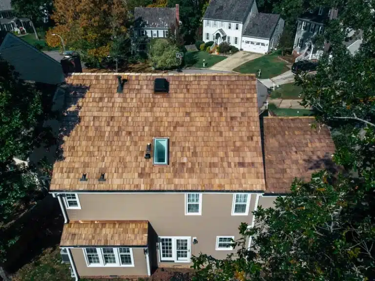 Cedar roof with skylights and pipe boot pictured from above