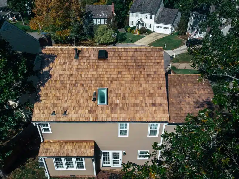 Cedar roof with skylights and pipe boot pictured from above