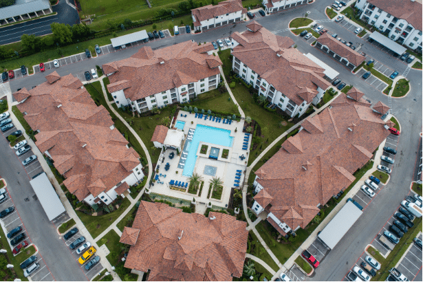 Apartment complex roofs aerial picture
