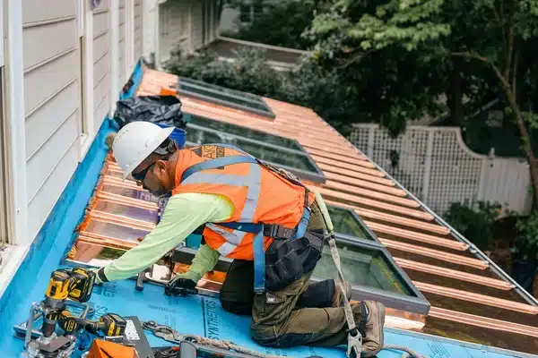 Roofer installing synthetic roof underlayment
